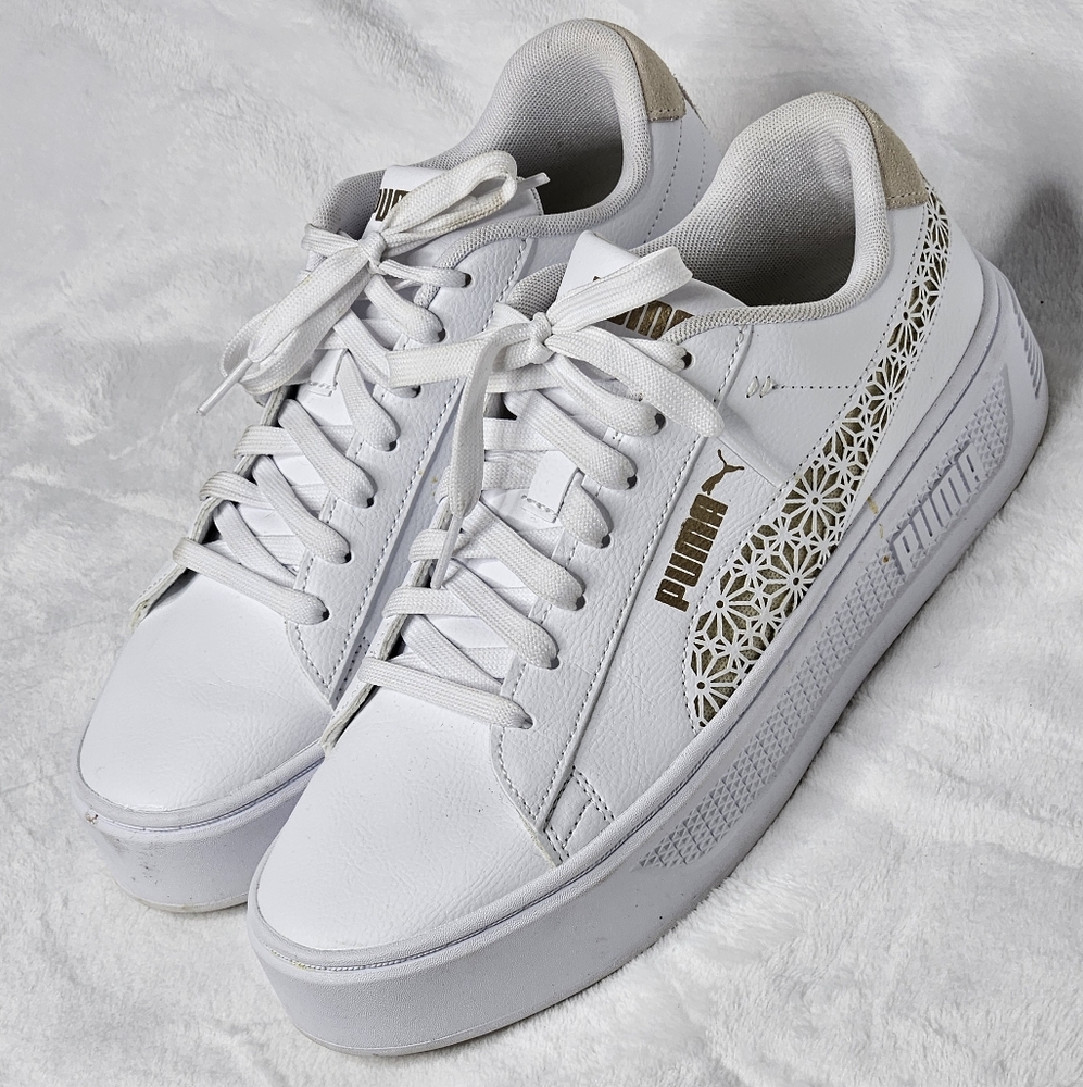 Puma Women's White Platform Sneakers with Gold Accent